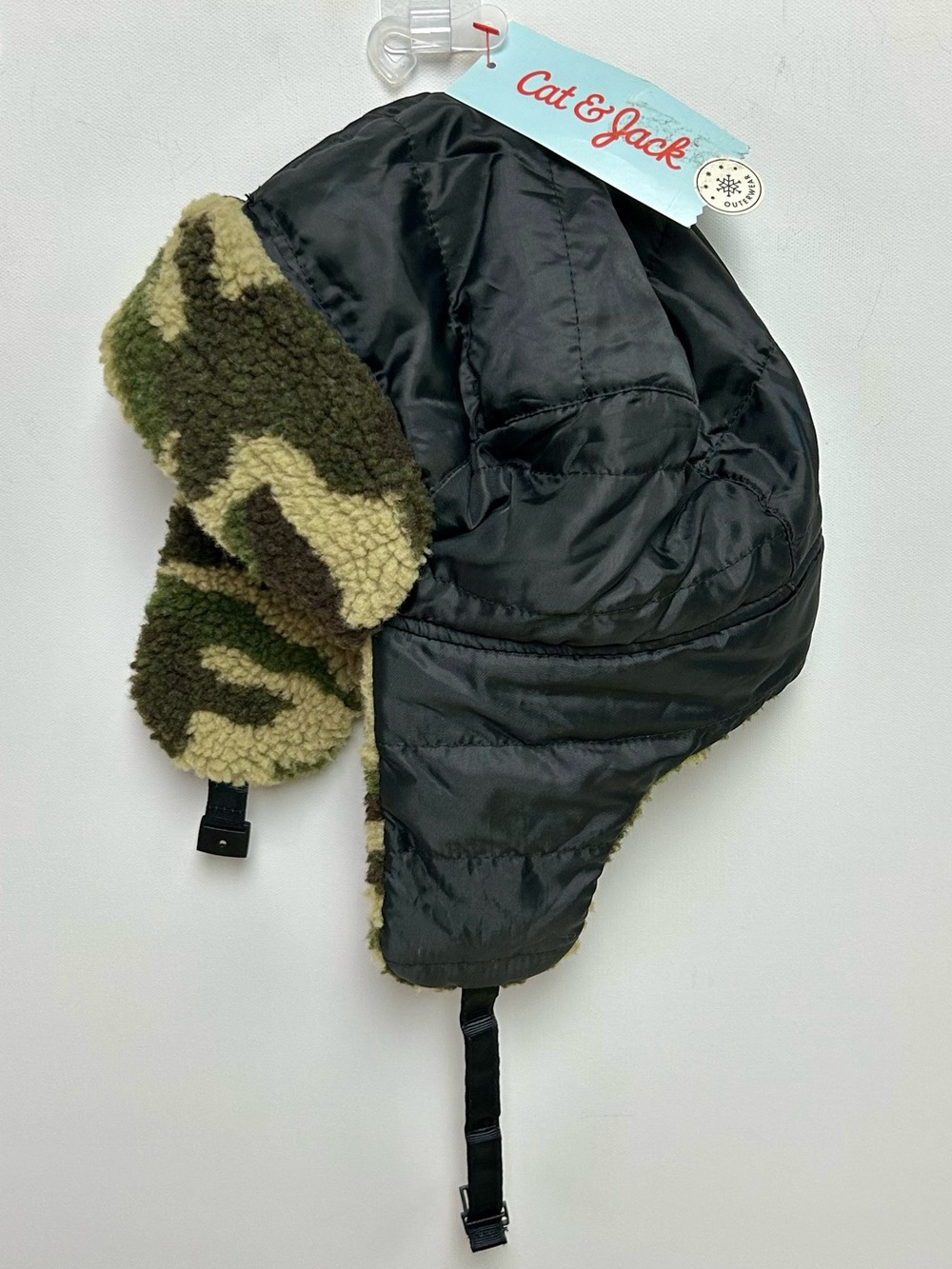 Cat & Jack Black Hat with Green Camo Sherpa Earflaps